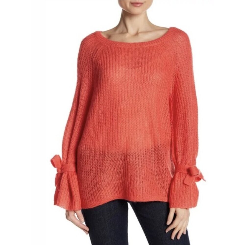 NAADAM Open Knit Bell Sleeve Tied Sweater in Coral Pink Bright - Size S